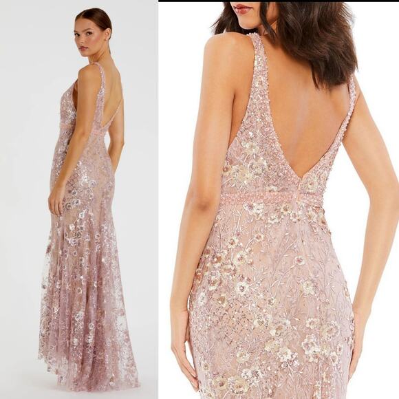 Mac Duggal 67481 Rose Pink Floral 0 Long Gown Dress Embellished Plunge Neck 233 - Picture 4 of 10